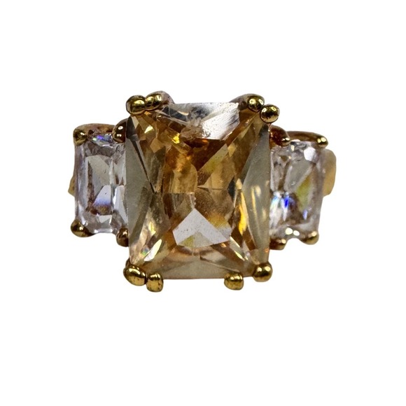 No brand Jewelry - Gold Tone Champagne Emerald Cut Cubic Zirconia Three Stone Statement Ring Size 9